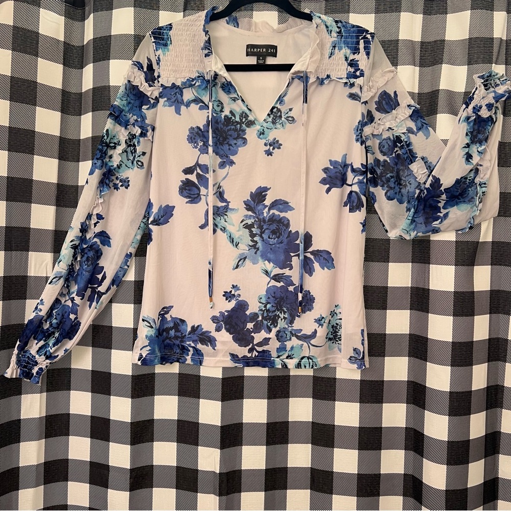 Blue Floral Women's Blouse Buisness #tops